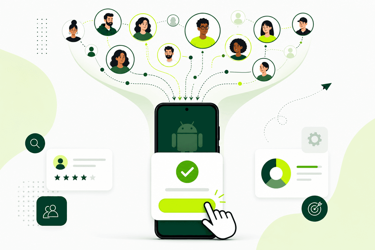 Illustration of tester avatars funneling into an Android app through an opt-in flow
