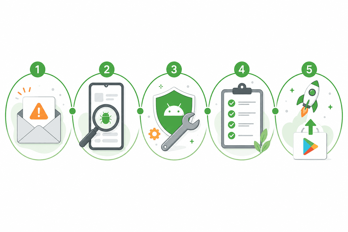 Illustration of a five-step Google Play policy fix workflow from warning email through inspection, repair, checklist, and resubmit
