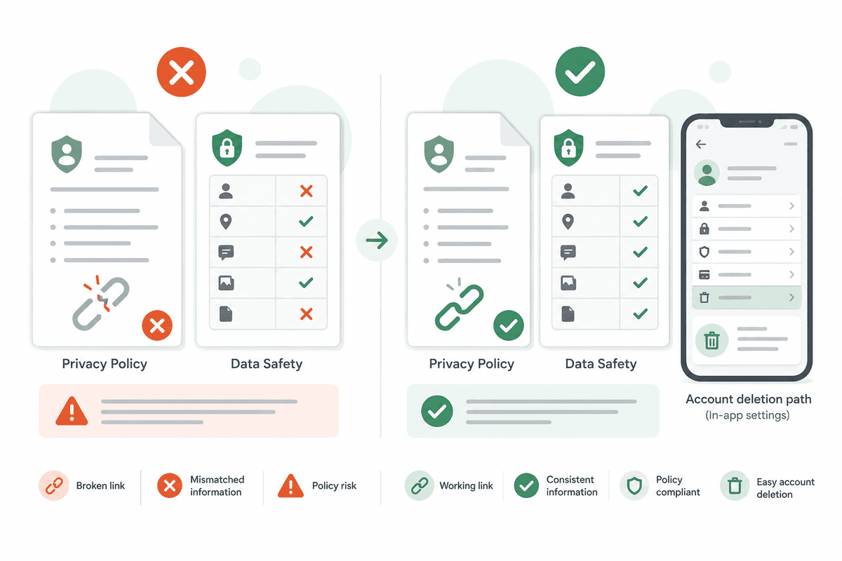 Illustration comparing broken privacy and Data safety declarations on the left with corrected checkmarks and account deletion on the right