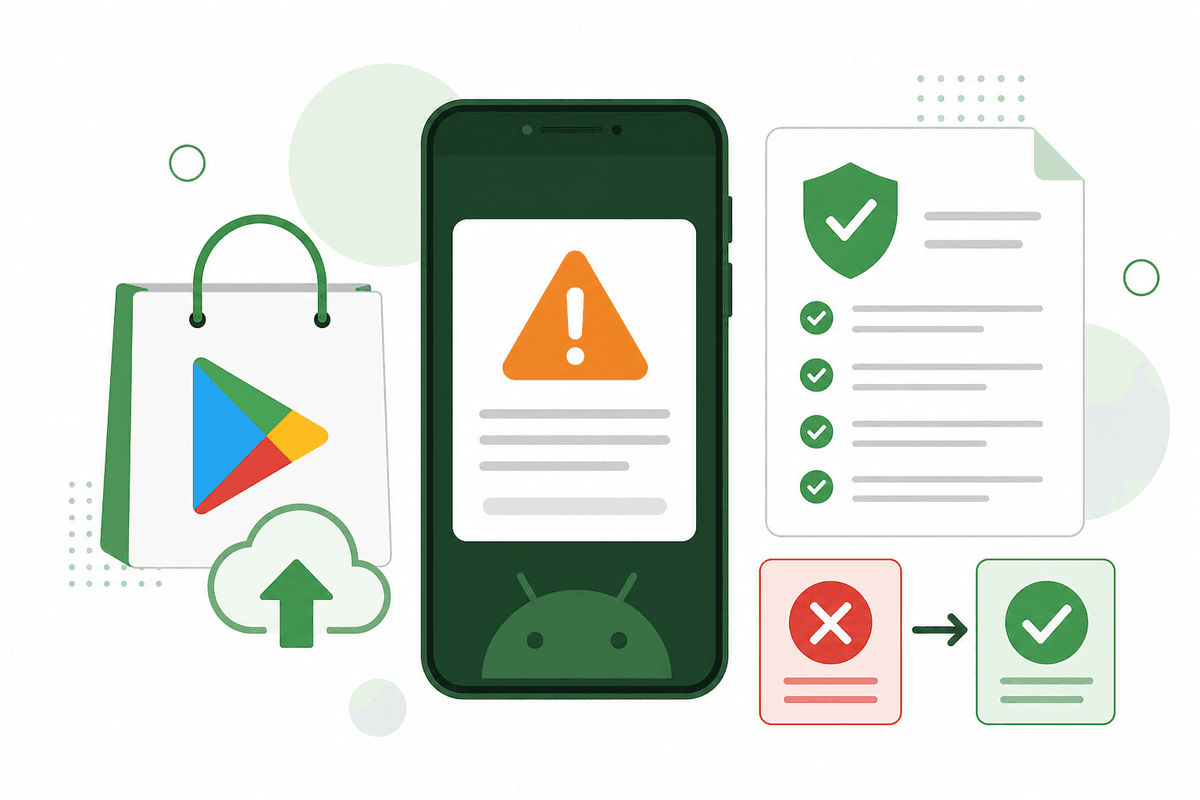 Illustration of a Google Play policy warning on a phone next to a compliance checklist and a rejected-to-resolved flow