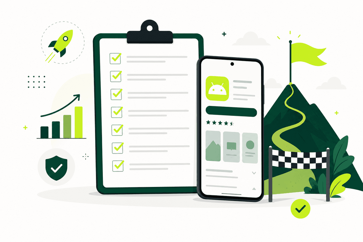 Illustration of a completed app launch checklist next to an Android phone and a finish-line flag