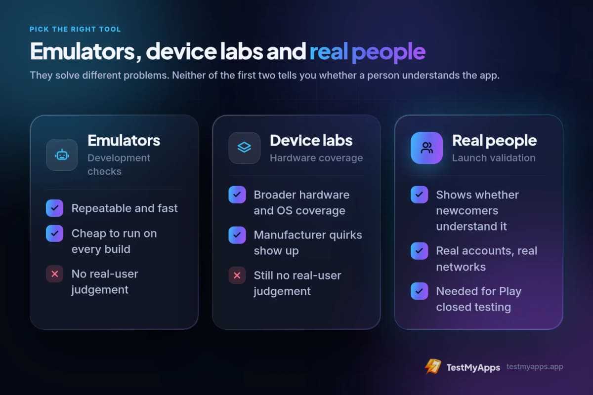 Comparison of emulators, device labs and real people for mobile app testing