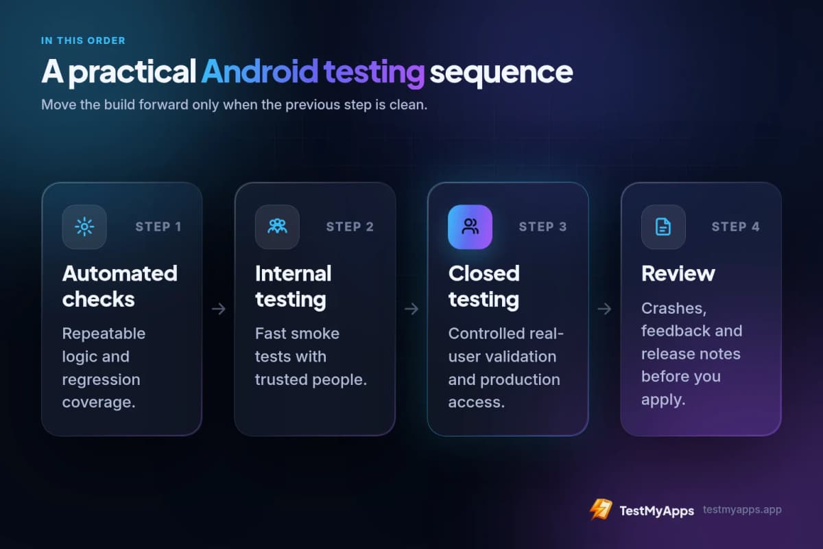 Practical Android testing sequence: automated checks, internal testing, closed testing, then review crashes and feedback