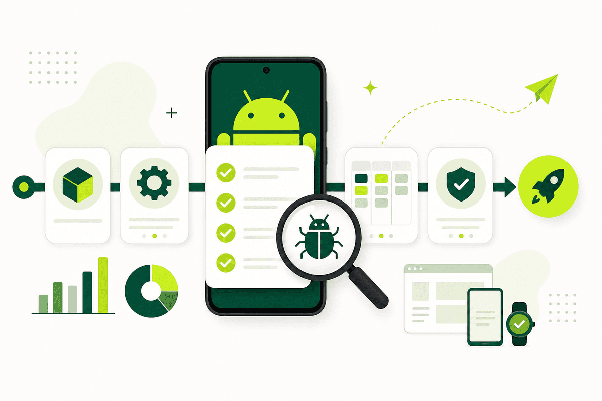 Illustration of an Android QA workflow with a checklist, a bug under a magnifying glass, and launch steps