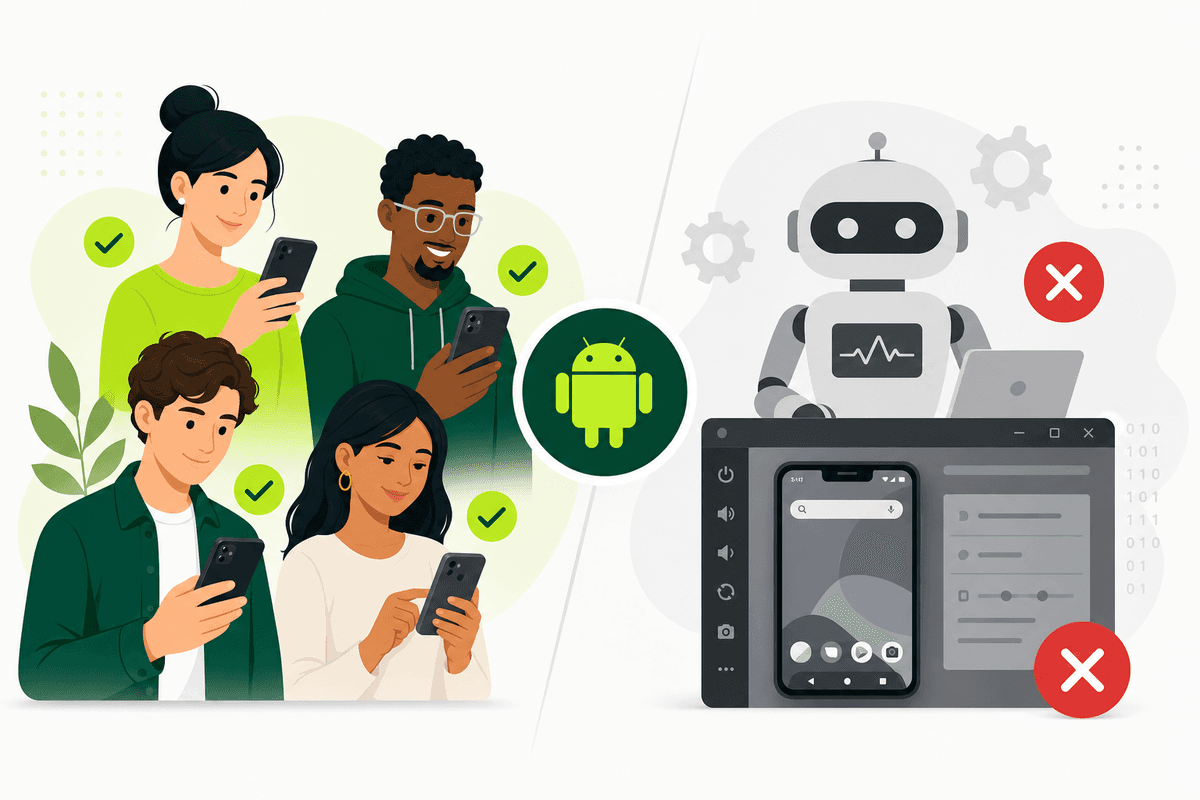 Illustration comparing real Android testers on physical devices with bots and emulators that do not count