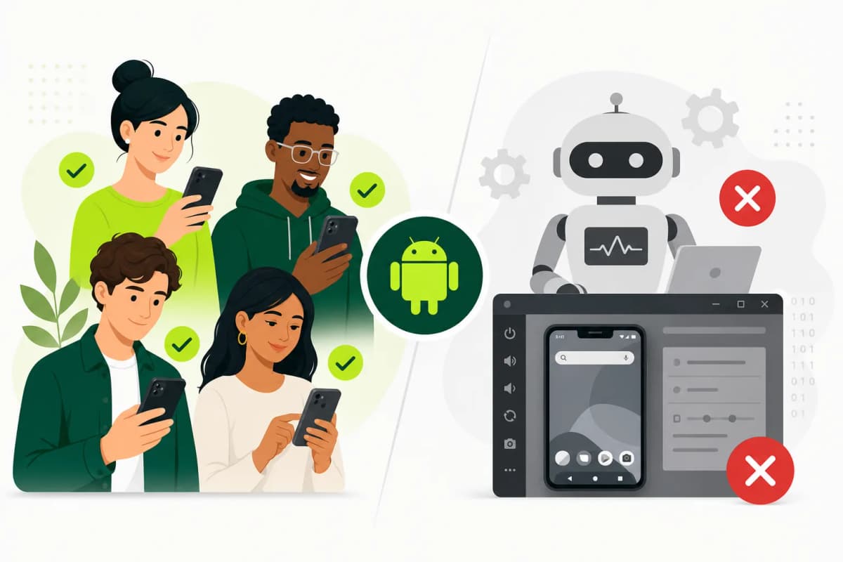 Android app testers using real physical phones instead of bots or emulators