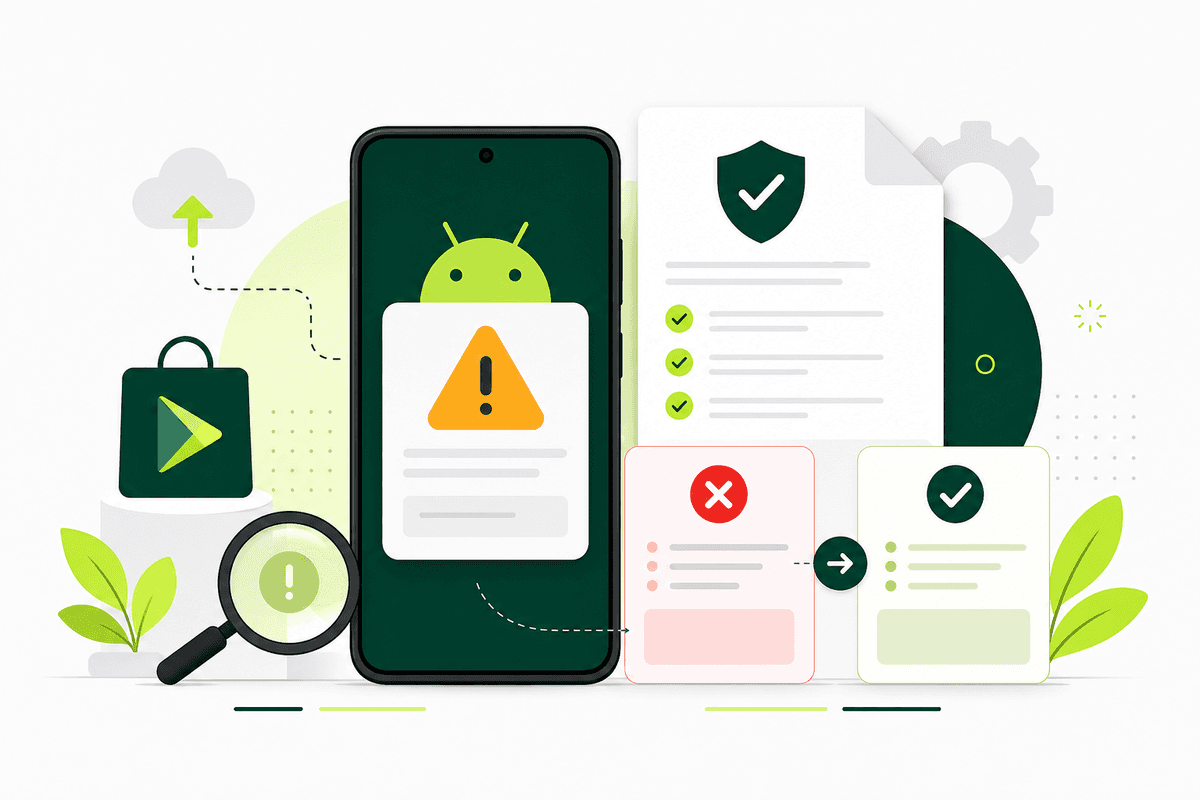 Illustration of an app review warning card with policy checks showing a fix-and-resubmit flow