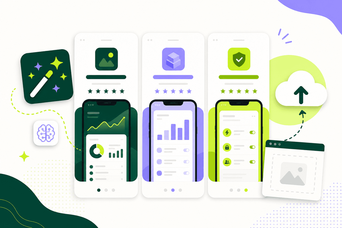 Illustration of three app store screenshot slides with an AI wand and upload icons