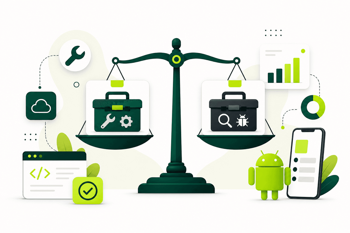 Illustration of a balance scale comparing mobile app testing tools and services