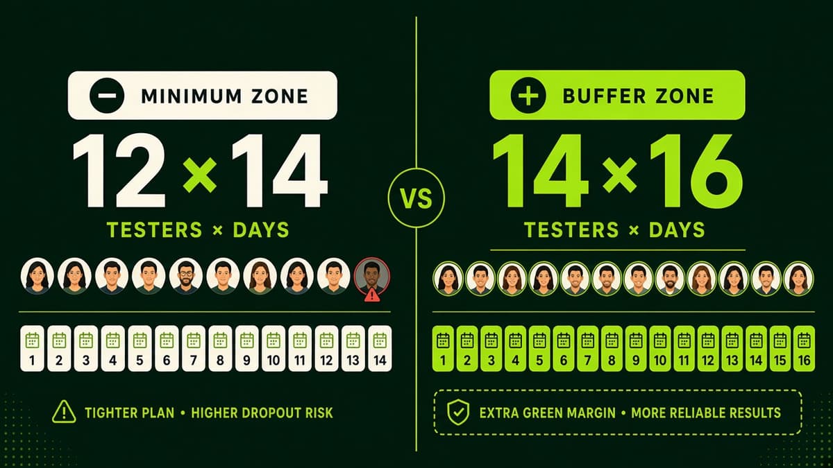 Comparison of Google minimum 12 by 14 versus TestMyApps buffer 14 by 16