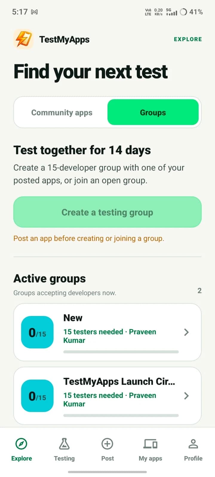 TestMyApps Android app screen for creating or joining a 14-day community testing group