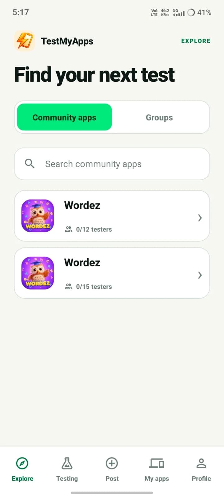 TestMyApps Android app screen showing community apps that need testers