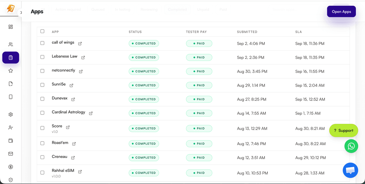 Screenshot showing completed managed runs from a TestMyApps managed run