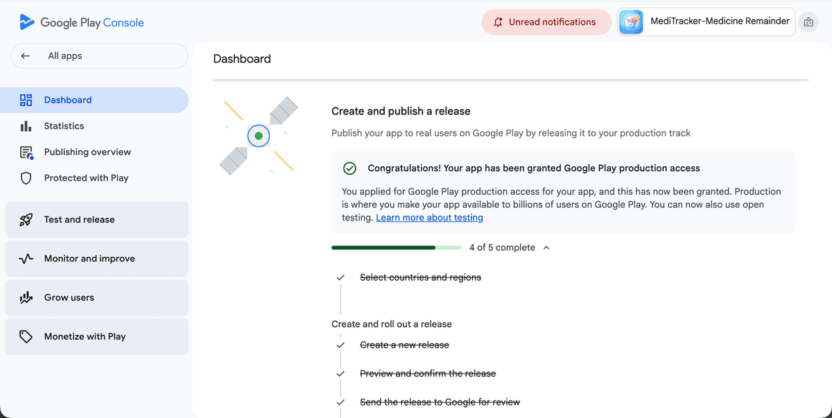 Screenshot showing production access granted from a TestMyApps managed run