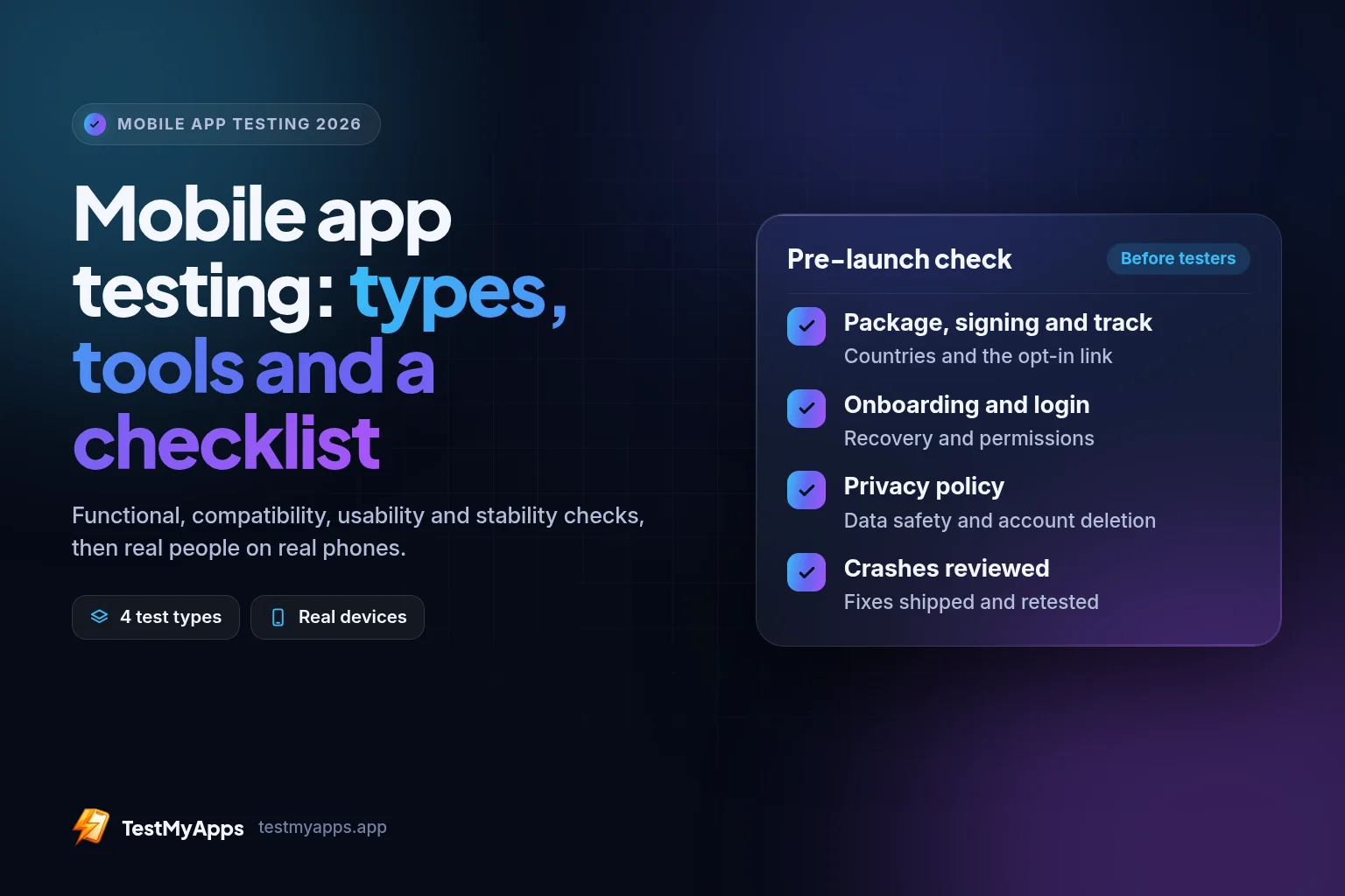 Mobile app testing guide 2026: functional, compatibility, usability and stability testing plus a pre-launch checklist