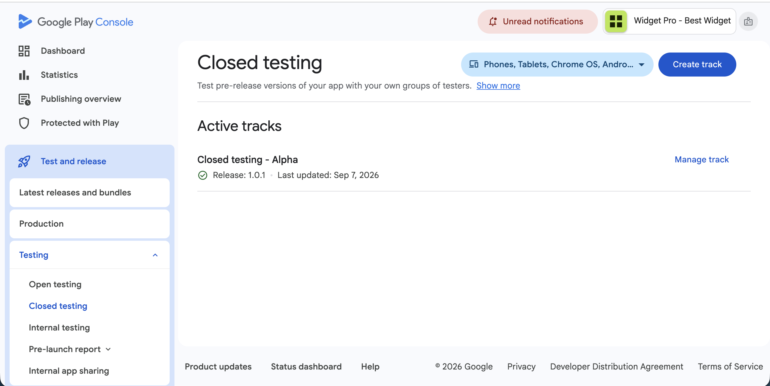 Google Play Console closed testing tracks overview