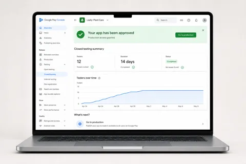 Google Play closed testing workflow after 12 testers complete a 14-day test